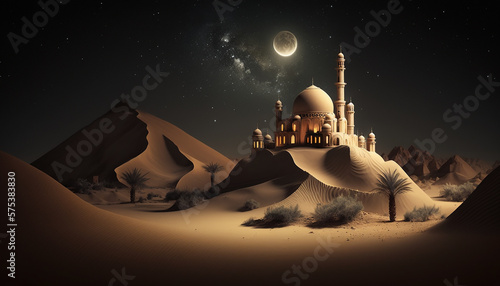 Fotografiet Mosque night view, sand and calm atmosphere mountain, Generate AI