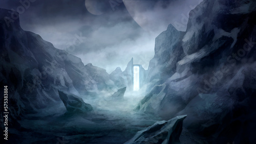 Sci-fi landscape with a bright portal at the end of a dark gorge in the mist among sharp rocks. Picturesque background with a stone mountainous wall and with thick clouds and planets in the sky 2d art © Dimart_Graphics