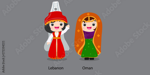 Lebanon in national dress with a flag. woman in traditional costume. Travel to Oman. People. Vector flat illustration.