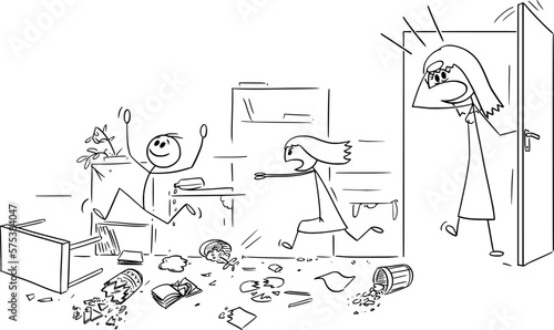 Shocked Mother Returning Home, Room Destroyed By Children , Vector Cartoon Stick Figure Illustration