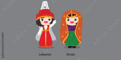 Lebanon in national dress with a flag.  woman in traditional costume. Travel to Oman. People. Vector flat illustration.