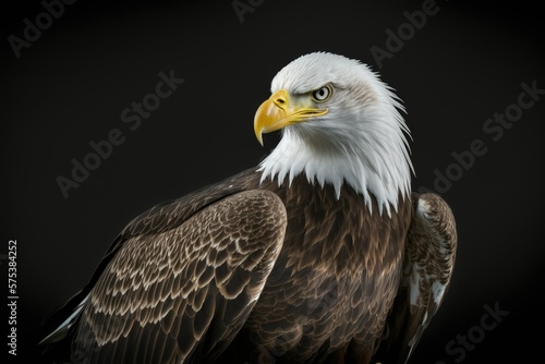 Caption A soaring bald eagle poses for a portrait On a pitch black backdrop  a Haliaeetus leucocephalus stands out. Animal life photo. Generative AI