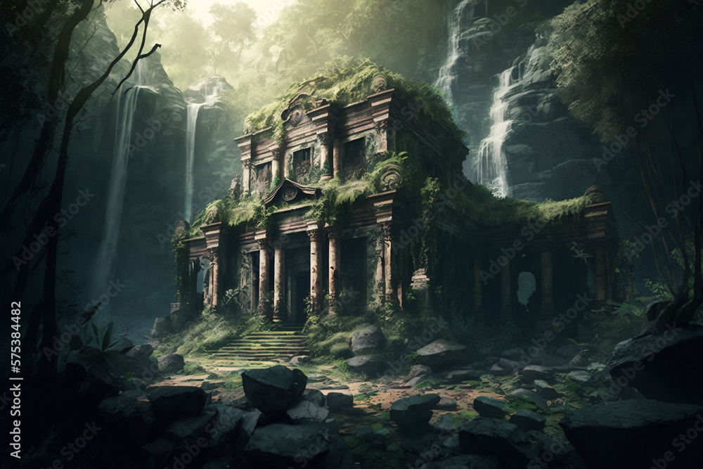 Ancient temple ruins in the jungle with a stone building and fairy ...