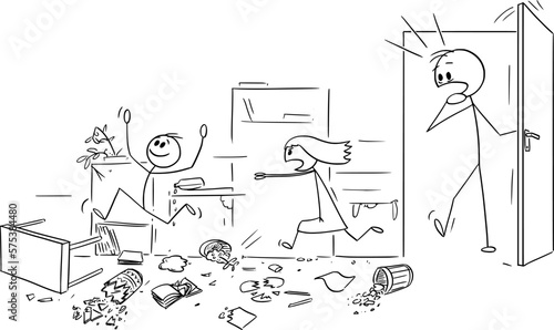 Shocked Father Returning Home, Room Destroyed By Children , Vector Cartoon Stick Figure Illustration