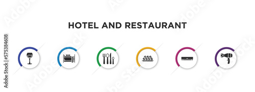 hotel and restaurant filled icons with infographic template. glyph icons such as wine glass, bunk, eating utensils, takoyaki, air conditioner, hairdryer vector.