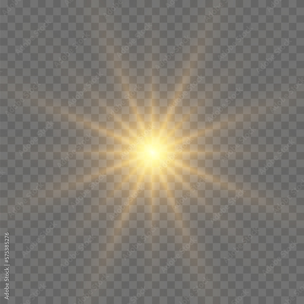 Yellow glowing light explodes on a transparent background. Bright Star. The star burst with brilliance. Golden Light effect. A flash of sunshine with rays. Yellow glowing light explodes on a transparent background. Bright Star. The star burst with brilliance. Golden Light effect. A flash of sunshine with rays.