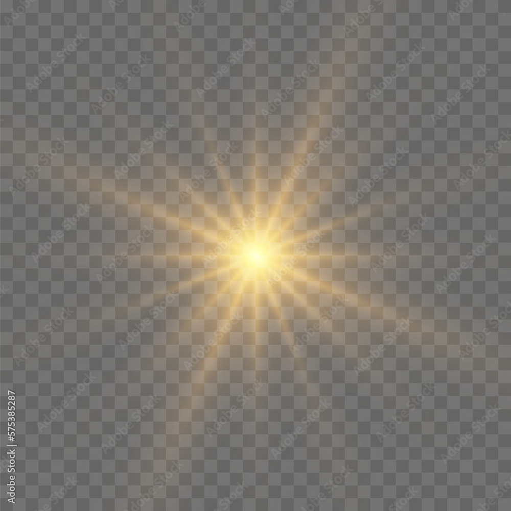 Yellow glowing light explodes on a transparent background. Bright Star. The star burst with brilliance. Golden Light effect. A flash of sunshine with rays. Yellow sun rays. Vector illustration.