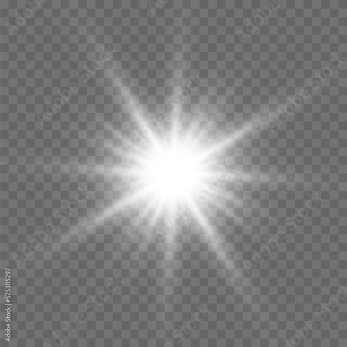 White beautiful light explodes with a transparent explosion. Vector  bright illustration for perfect effect with sparkles. Bright Star. Transparent shine of the gloss gradient  bright flash