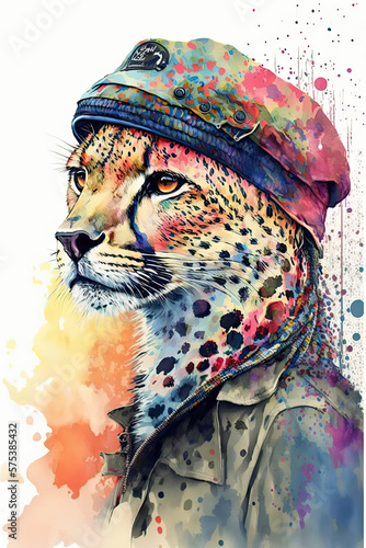 cheetah Beret, Psychedelic Illustration. Generative AI