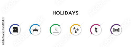 holidays filled icons with infographic template. glyph icons such as bed, bathtube, bathing, palm trees, swimming suit, hotel building vector.