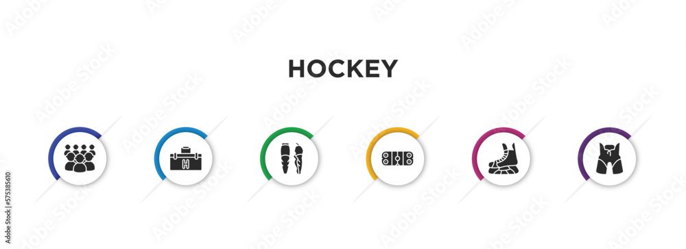 hockey filled icons with infographic template. glyph icons such as audience, medical kit, shin, ice court, ice skate, pants vector. hockey filled icons with infographic template. glyph icons such as audience, medical kit, shin, ice court, ice skate, pants vector.