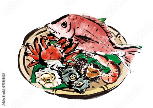 海鮮集合籠盛り手描き和風イラスト
