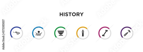 history filled icons with infographic template. glyph icons such as cart, viking ship, bowl, mummy, bone, ancient weapon vector.