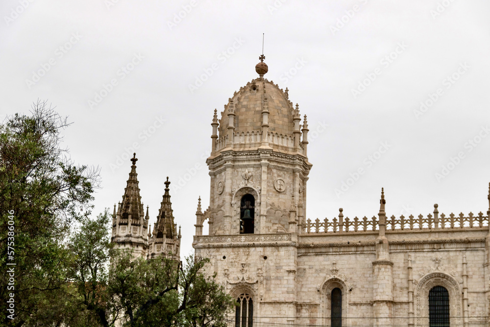 Bell tower of Jeronimos Monastery in Belem Portugal