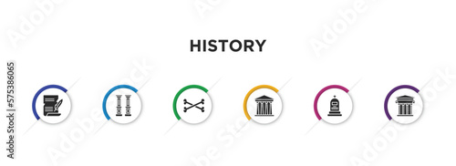 history filled icons with infographic template. glyph icons such as poster, columns, bones, pantheon, tomb, museum vector.