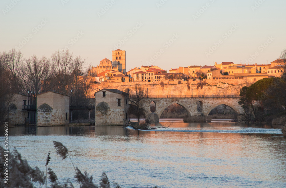 Zamora old town seen form Douro river, Acenas and stone bridge in the foreground, Cathedral in background, Spain