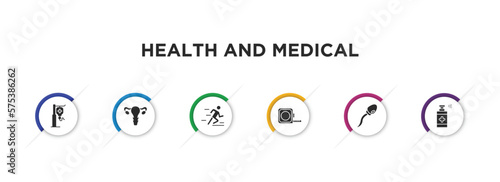 health and medical filled icons with infographic template. glyph icons such as saline, gynecology, running, measure tape, sperm, desinfectant vector. photo
