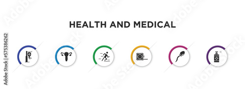 health and medical filled icons with infographic template. glyph icons such as saline, gynecology, running, measure tape, sperm, desinfectant vector.