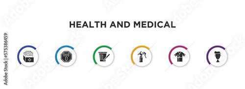 health and medical filled icons with infographic template. glyph icons such as medical file, non ionizing radiation, urine, breast pump, patient robe, boy vector.