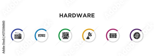 hardware filled icons with infographic template. glyph icons such as fm radio, video projector, camera, parabolic, big processor, vector.