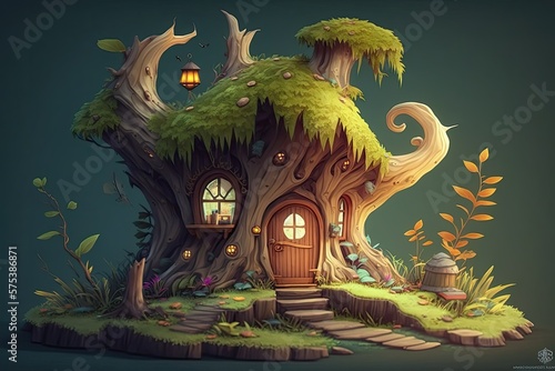 Cartoon of a tiny house in an enchanted woodland. Generative AI