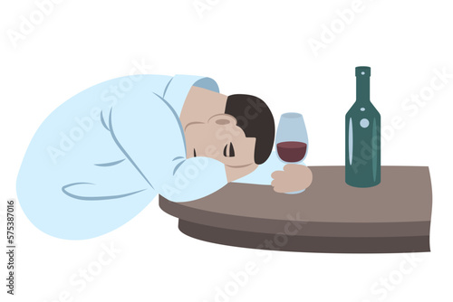 Drunk man with a bottle and a glass lying at a round table. Abstract simple vector illustration. Alcoholism.