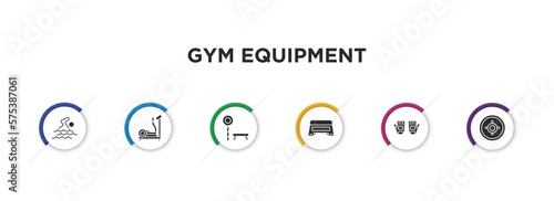 gym equipment filled icons with infographic template. glyph icons such as swim, elliptical, trainer rod, step, gym gloves, weight plates vector.