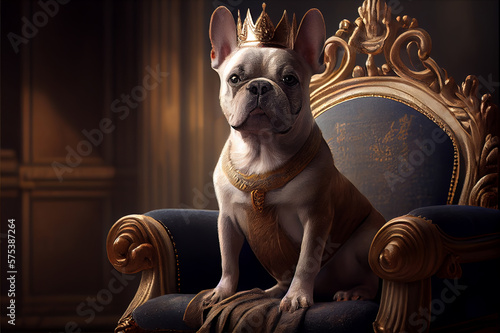 white French bulldog dog with a golden crown on his head, sitting on a luxury armchair photo