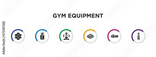gym equipment filled icons with infographic template. glyph icons such as barrels, supplement, gym station, weight scale, belt, water hine vector.