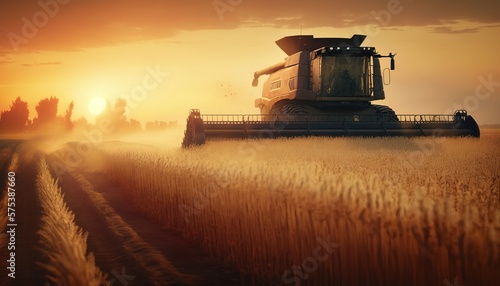 powerful harvester harvesting wheat in the rays of sunset, generative AI