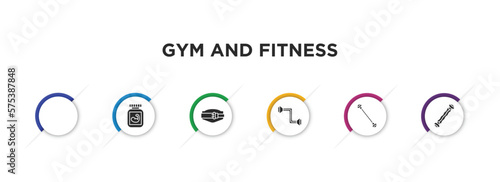 gym and fitness filled icons with infographic template. glyph icons such as little dumbbell, phytonutrients, lumbar belt, resistance, exercise bands, sport expander vector.