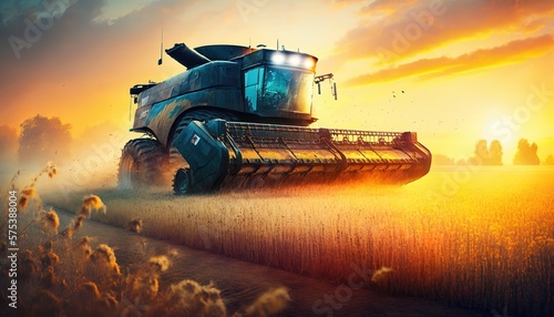 powerful harvester harvesting wheat in the rays of sunset, generative AI