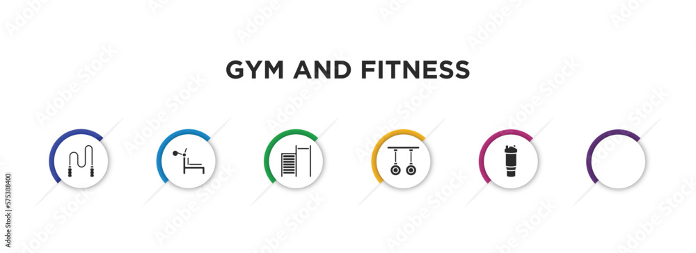 gym and fitness filled icons with infographic template. glyph icons such as skip rope, simulator for press, tightening bar, gymnastic rings, muscles, protein shake vector. gym and fitness filled icons with infographic template. glyph icons such as skip rope, simulator for press, tightening bar, gymnastic rings, muscles, protein shake vector.