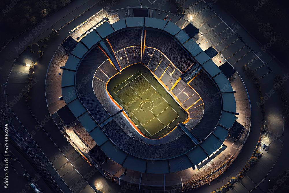 Fototapeta premium Photo top view of a soccer stadium at night with the lights on. 3d rendering. Generative Ai