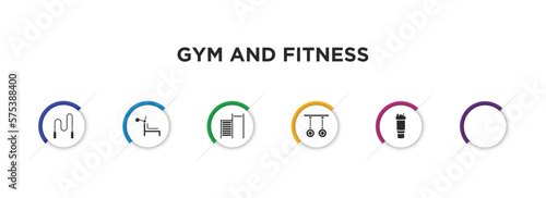gym and fitness filled icons with infographic template. glyph icons such as skip rope, simulator for press, tightening bar, gymnastic rings, muscles, protein shake vector.