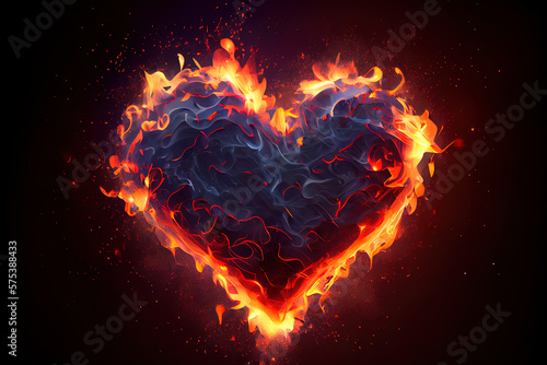 Heart shaped sparks floating and with flames. Generative Ai