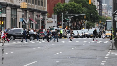 Blurry People Crossing Street Traffic in NYC, Manhattan. Traffic and Cabs, Public Transport Background