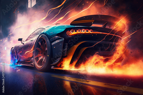 A futuristic sports car drifts in the city, leaving a trail of burning tires and smoke, Generative Ai