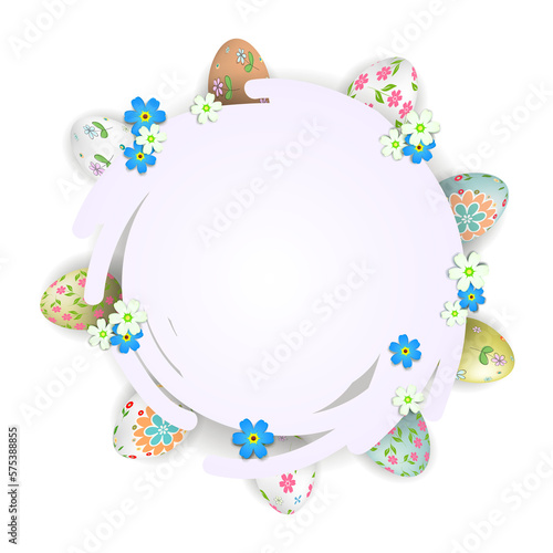 Abstract round white frame, illustration with Easter eggs, wreath.