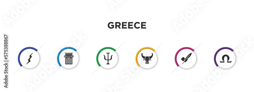 greece filled icons with infographic template. glyph icons such as zeus, jonic column, psi, minotaur, ink and quill, omega vector.
