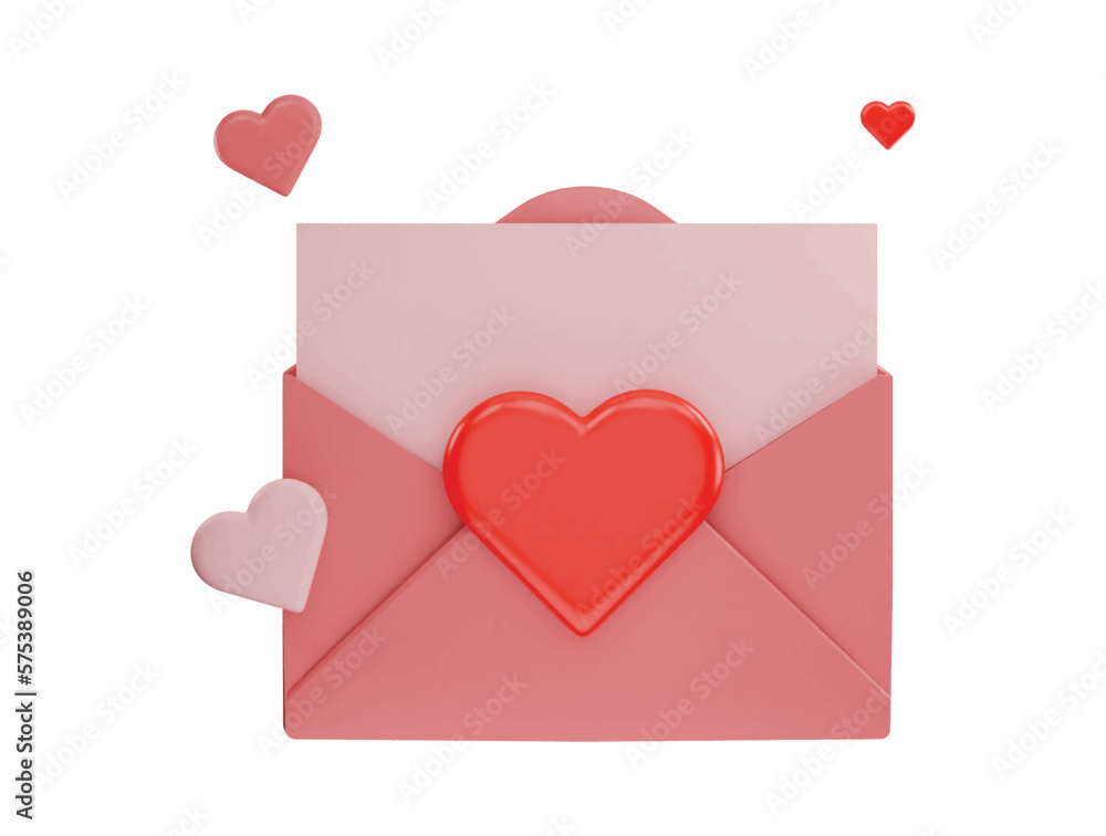 A pink envelope with a heart on it and a red heart on the top with 3d vector icon illustration