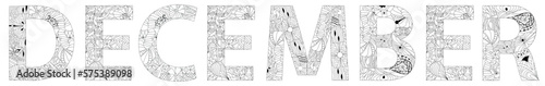 DECEMBER hand drawn modern design vector illustration for coloring.