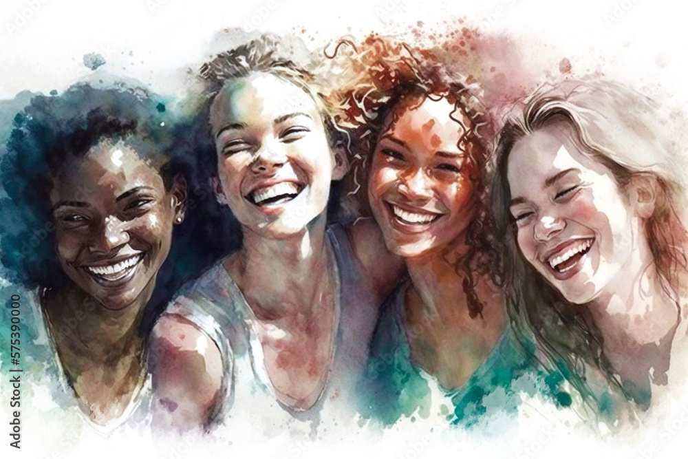 Fototapeta premium Group of women, happy and proud, watercolor style illustration, internacional women's day, multiracial women, together, women's empowerment
