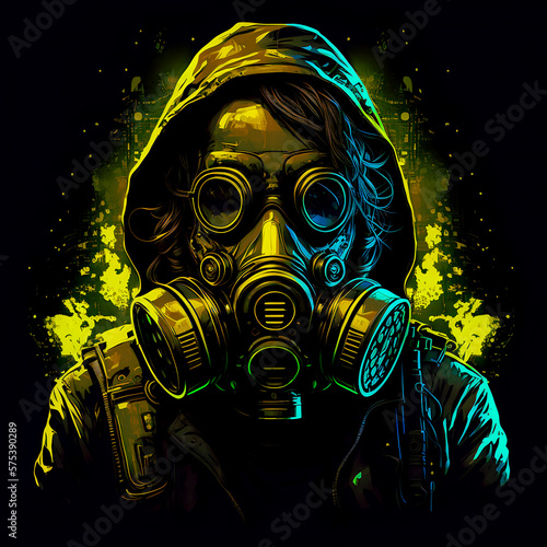 Stylized portrait of a fictional cyberpunk character wearing a gas mask. Isolated on black background. Generative AI photo