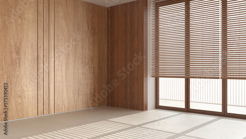 Empty room background, wooden walls, marble tiles floor and big window with venetian blind, white modern architecture interior design