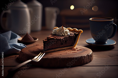 Pie chocolate cake on a wooden table. Created with Generative AI technology