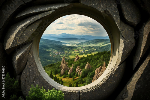 Landscape with mountain ring in Kislovodsk, Stavropol Krai, Russia and a stone window shape, Generative Ai photo