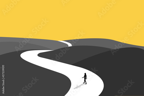 Businesswoman follow a path for business opportunities. visionary leadership different business routes. Symbol of ambition, motivation and long road ahead