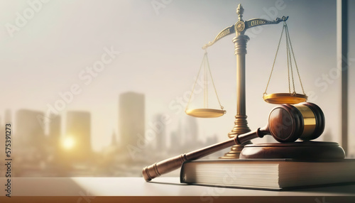 Canvas Print Judicial gavel, book and scales of justice on the background of the urban landscape