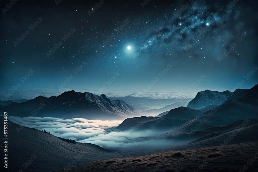 Star studded night sky visible through the mist in a mountain valley. Beautiful scenery with foggy hills and a clear night sky. Use of the word night to connote a mystical and astronomically signifi